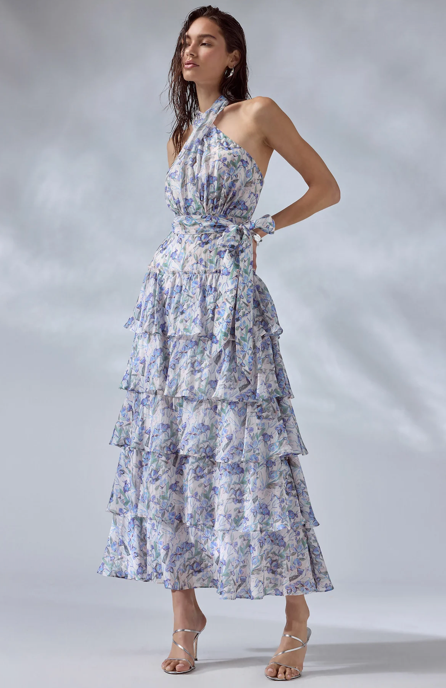 astr blue floral dress the Label | Adamaris Ruffle Halter Maxi in Floral this floral tiered maxi axll_import Jessima Midi Dress - Size:4P