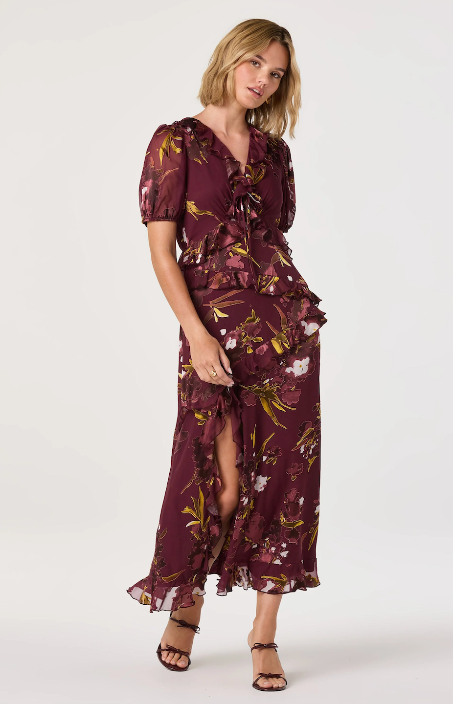 Astr The Label Bennet Floral Tiered Dress in Wine Floral at Nordstrom, Size Medium