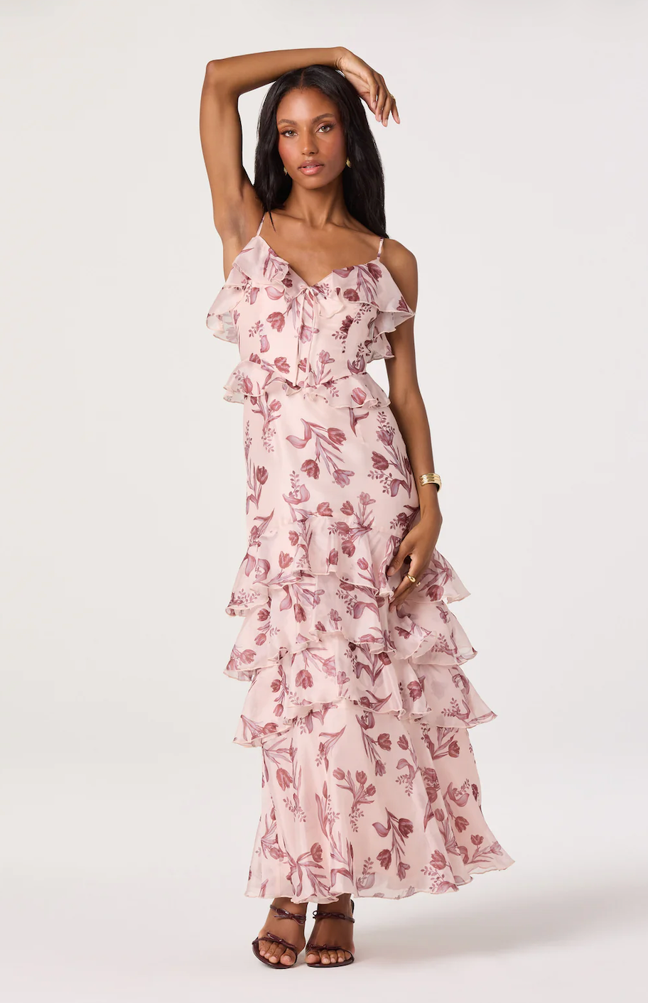 ASTR THE LABEL EMILIANA V NECK RUFFLE SATIN MAXI DRESS IN SOFT PINK FLORAL SMALL