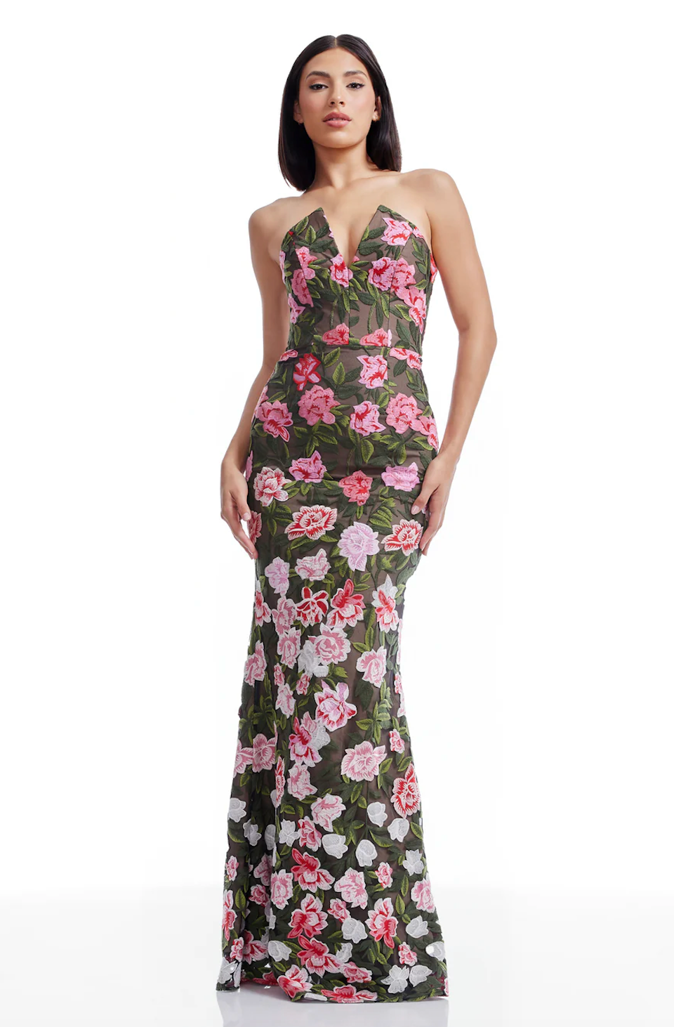 Dress the Population Fernanda Embroidered Floral Strapless Gown in Pink Rose Multi at Nordstrom, Size Medium Dress the Population Fernanda Embroidered Floral Strapless Gown in Pink Rose Multi at Nordstrom, Size Medium