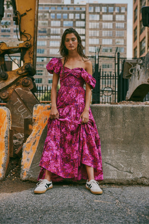 SUNDRENCHED TIERED MIDI DRESS IN MAGENTA COMBO