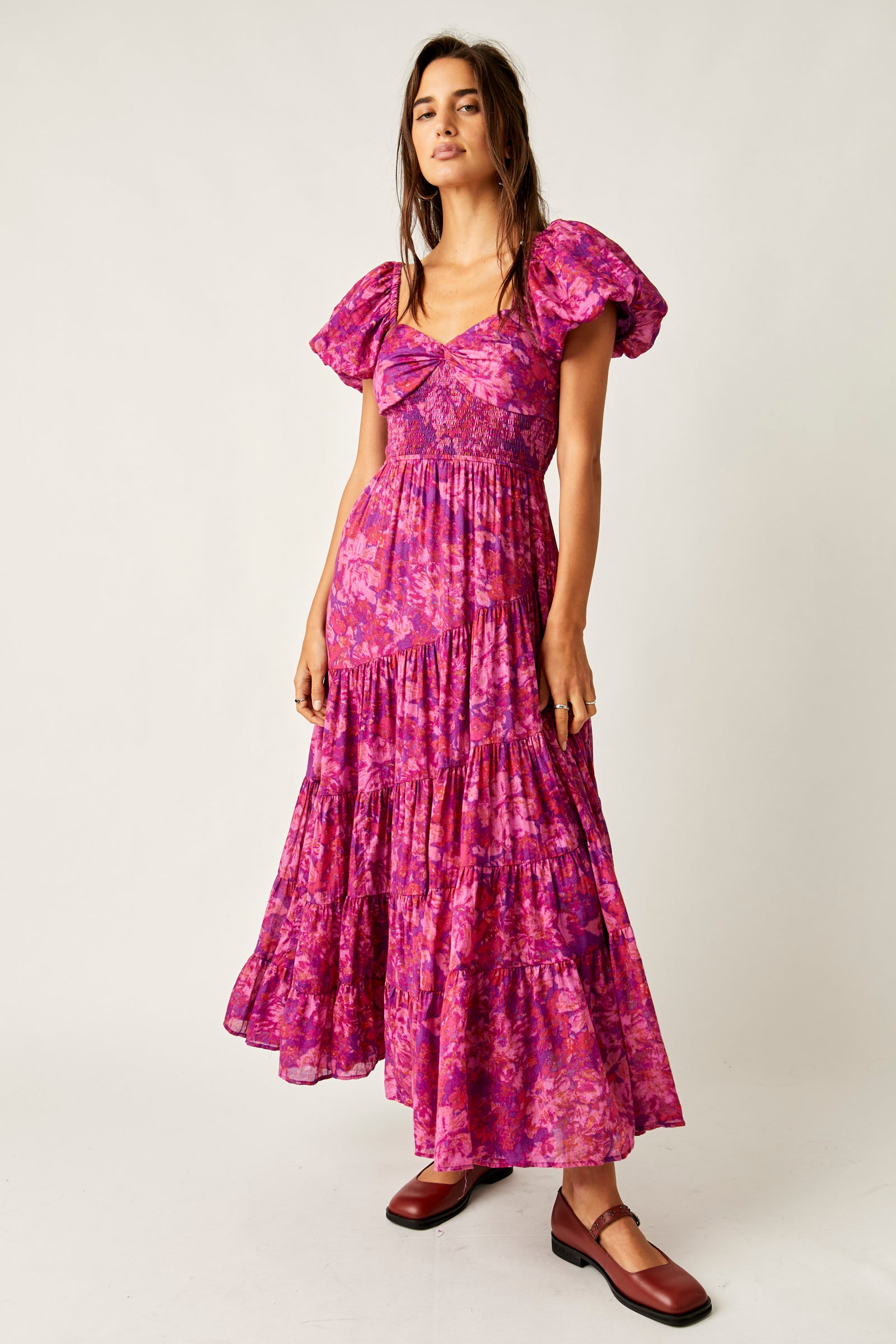 SUNDRENCHED TIERED MIDI DRESS IN MAGENTA COMBO