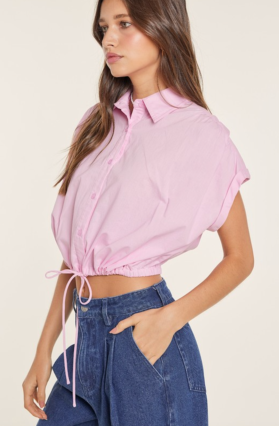 HALEY BUBBLE DRAWSTRING POPLIN BUTTON UP SHIRT IN CLEAR PINK