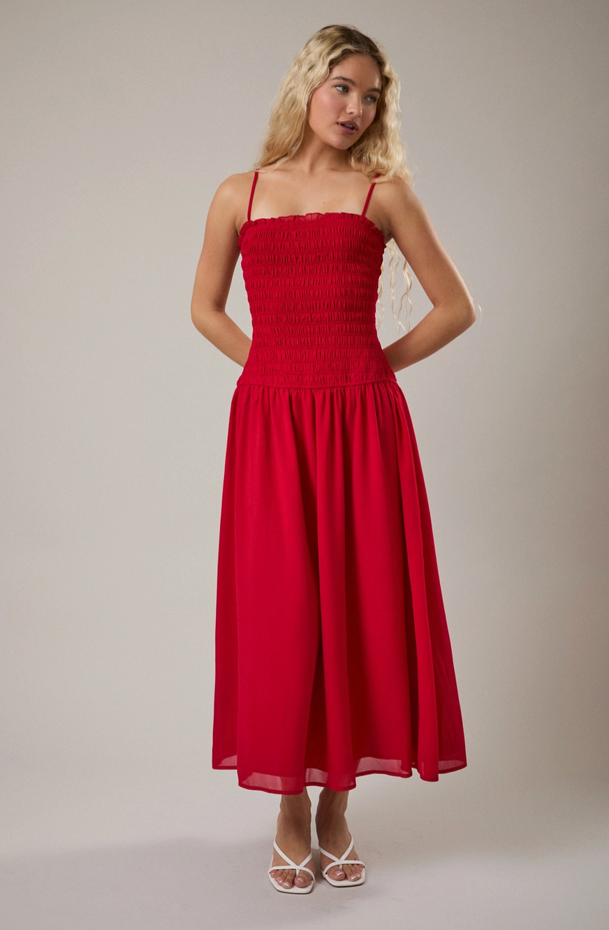 red smocked midi dress Malinda Ls Smocked Midi Dress- Red