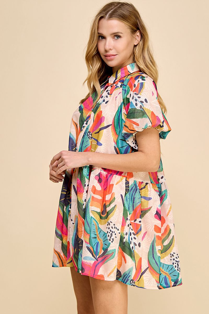 ISABEL TROPICAL PRINT BUTTON DOWN SHIRT DRESS IN MULTI