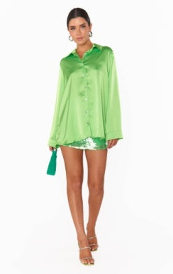 SHOW ME YOUR MUMU SMITH BUTTON DOWN IN BRIGHT GREEN LUXE SATIN