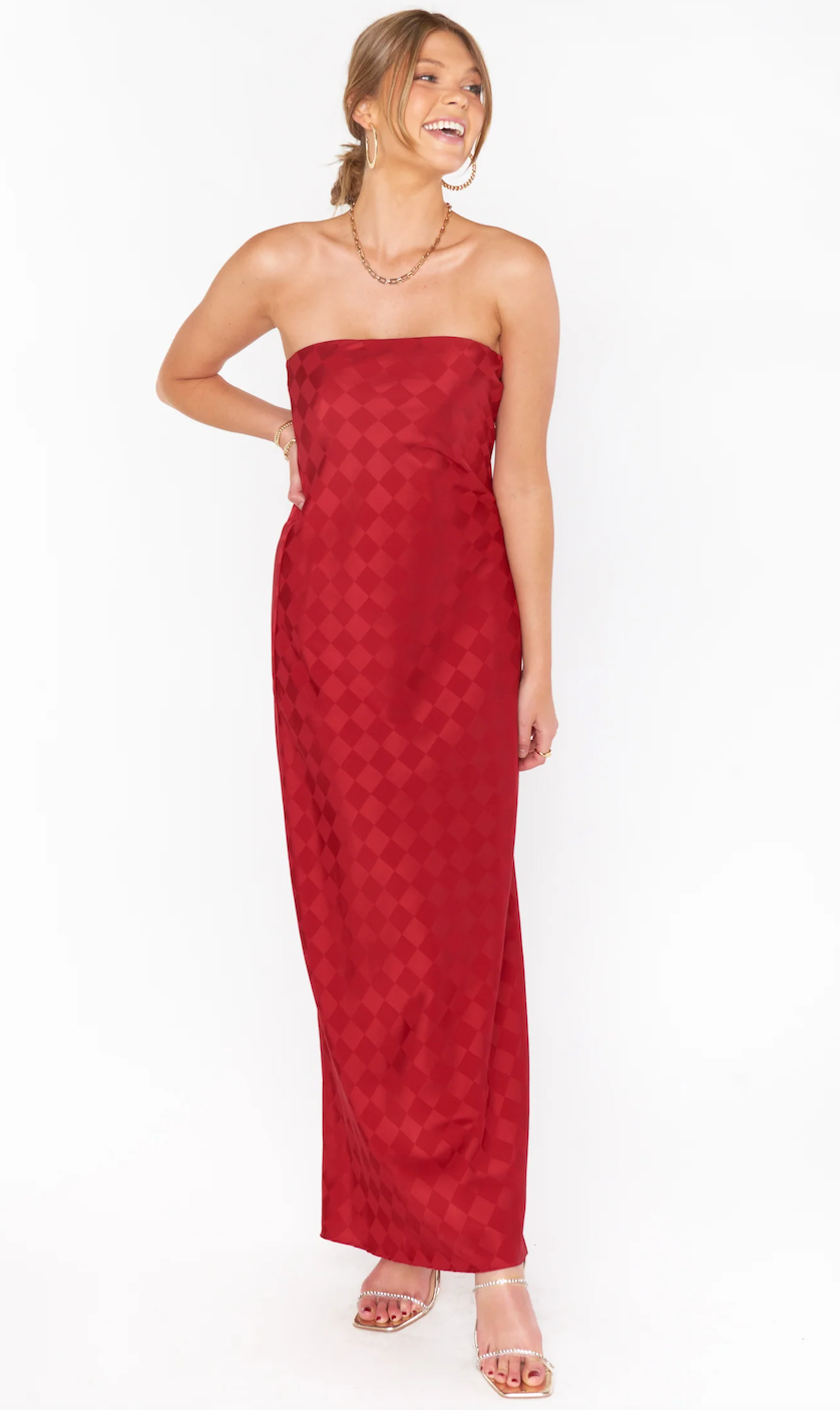 SHOW ME YOUR MUMU TAYLOR TUBE DRESS IN RED CHECKERBOARD SATIN