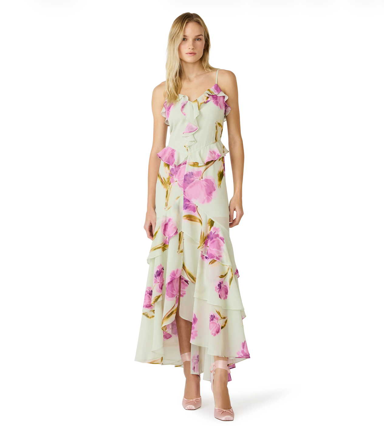 Steve Madden Ciara Floral Print Long Ruffle Dress, Womens, 10, English Rose