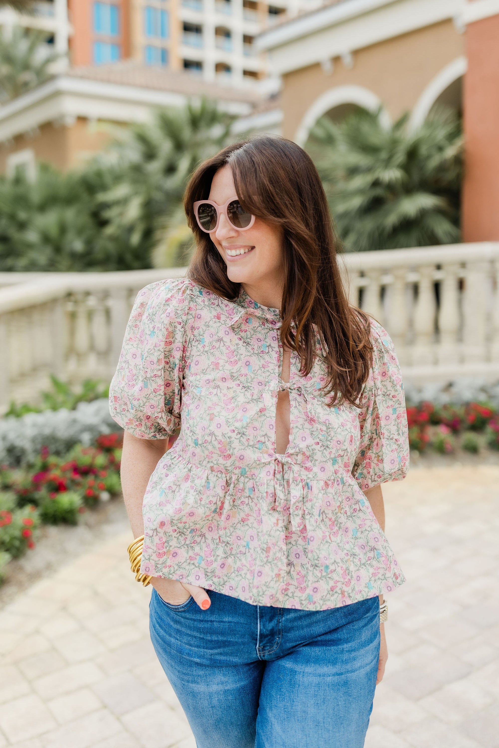 NASH FLORAL BLOUSE IN PINK & GREEN COMBO