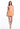 Woman wearing an orange strapless dress with floral embroidery on a white background