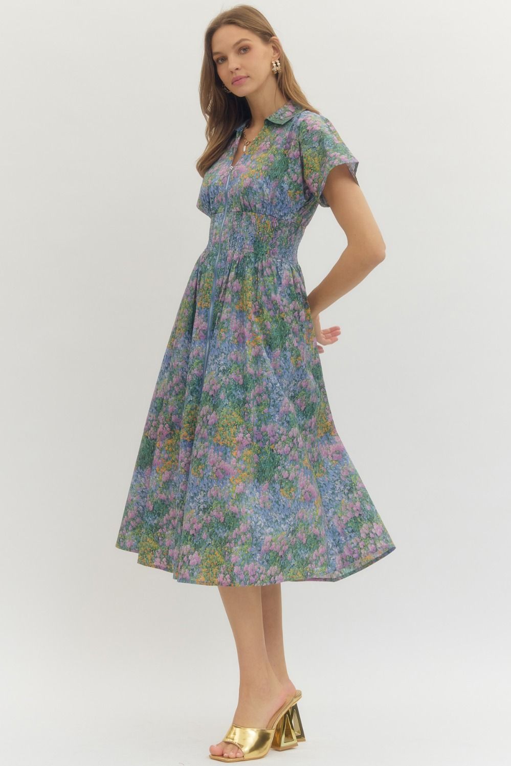 HARPER FLORAL ZIP MIDI DRESS IN BLUE