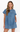 A woman modeling a light blue denim mini dress with short sleeves, ruffled edges, and side pockets against a plain white background.