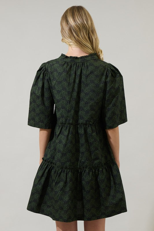 IVY TIERED MINI DRESS IN HUNTER GREEN