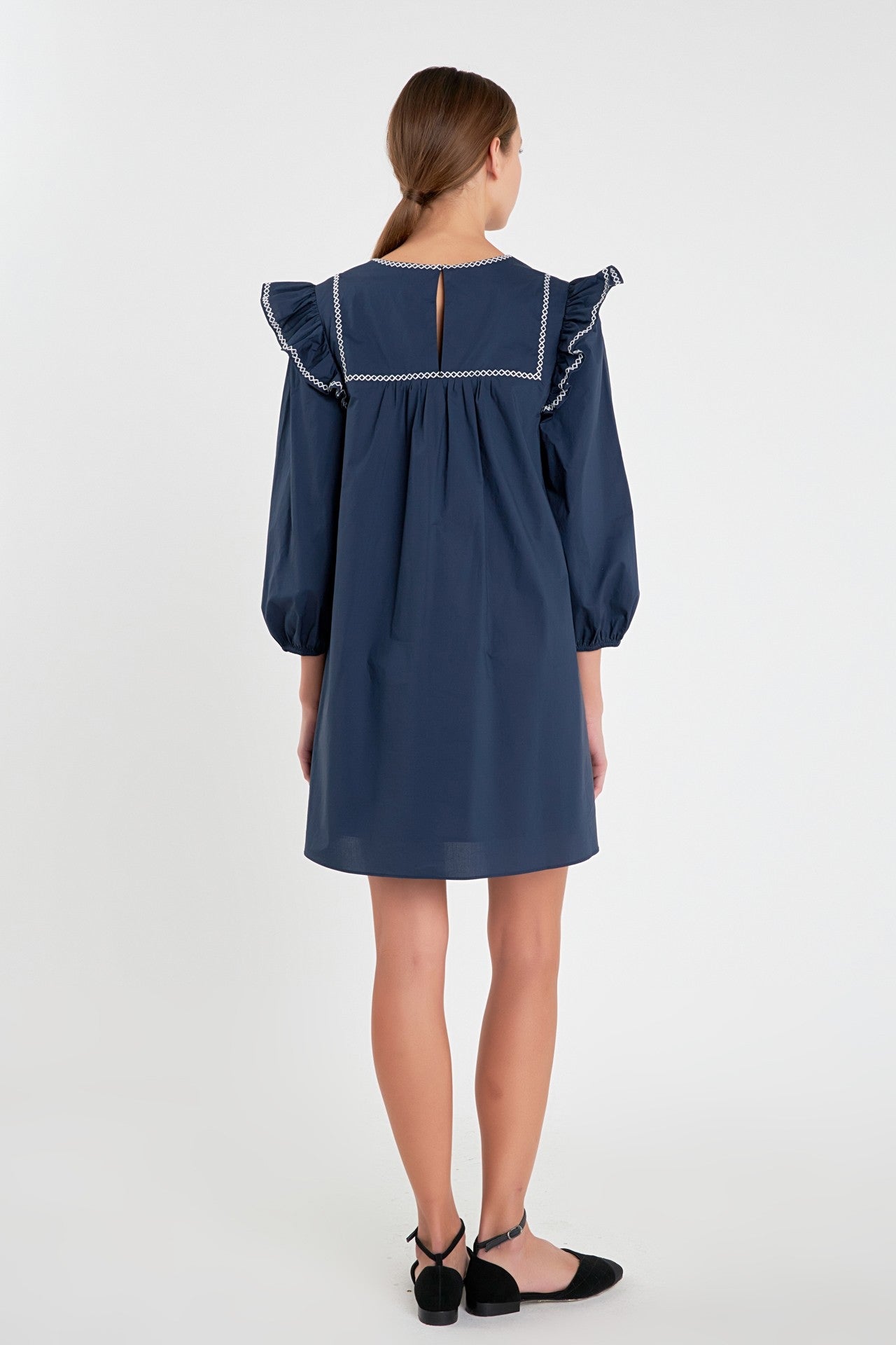 JOSIE CONTRAST EMBROIDERED MINI DRESS IN NAVY & WHITE