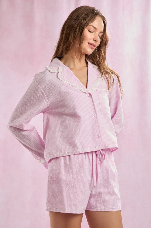 SEERSUCKER STRIPE BOW PJ SET IN PINK