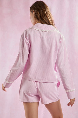 SEERSUCKER STRIPE BOW PJ SET IN PINK