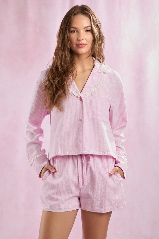 SEERSUCKER STRIPE BOW PJ SET IN PINK