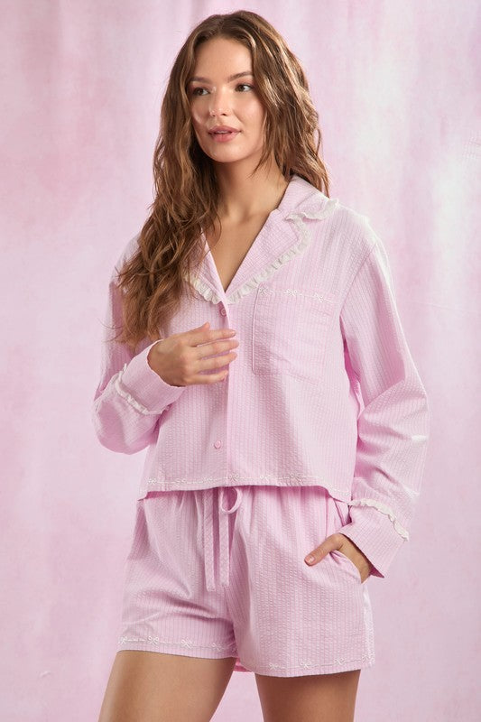 SEERSUCKER STRIPE BOW PJ SET IN PINK