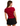 Woman wearing a red top and black skirt on a white background