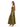 A woman modeling a sleeveless olive green satin maxi dress with a high mock neck and a decorative embroidered waistband, shown in profile against a plain white background.
