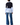 A model shown from the back wearing a color-blocked knit and shirt jacket with a navy top, light blue collar and peplum, and light blue long sleeves, paired with wide-leg blue jeans on a white background.