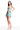 Woman wearing a strapless floral dress on a white background