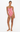 Woman wearing a red and white striped swimsuit on a white background