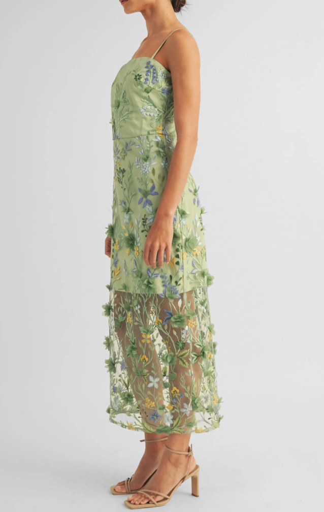 HAILEY 3D FLORAL MIDI DRESS IN GREEN