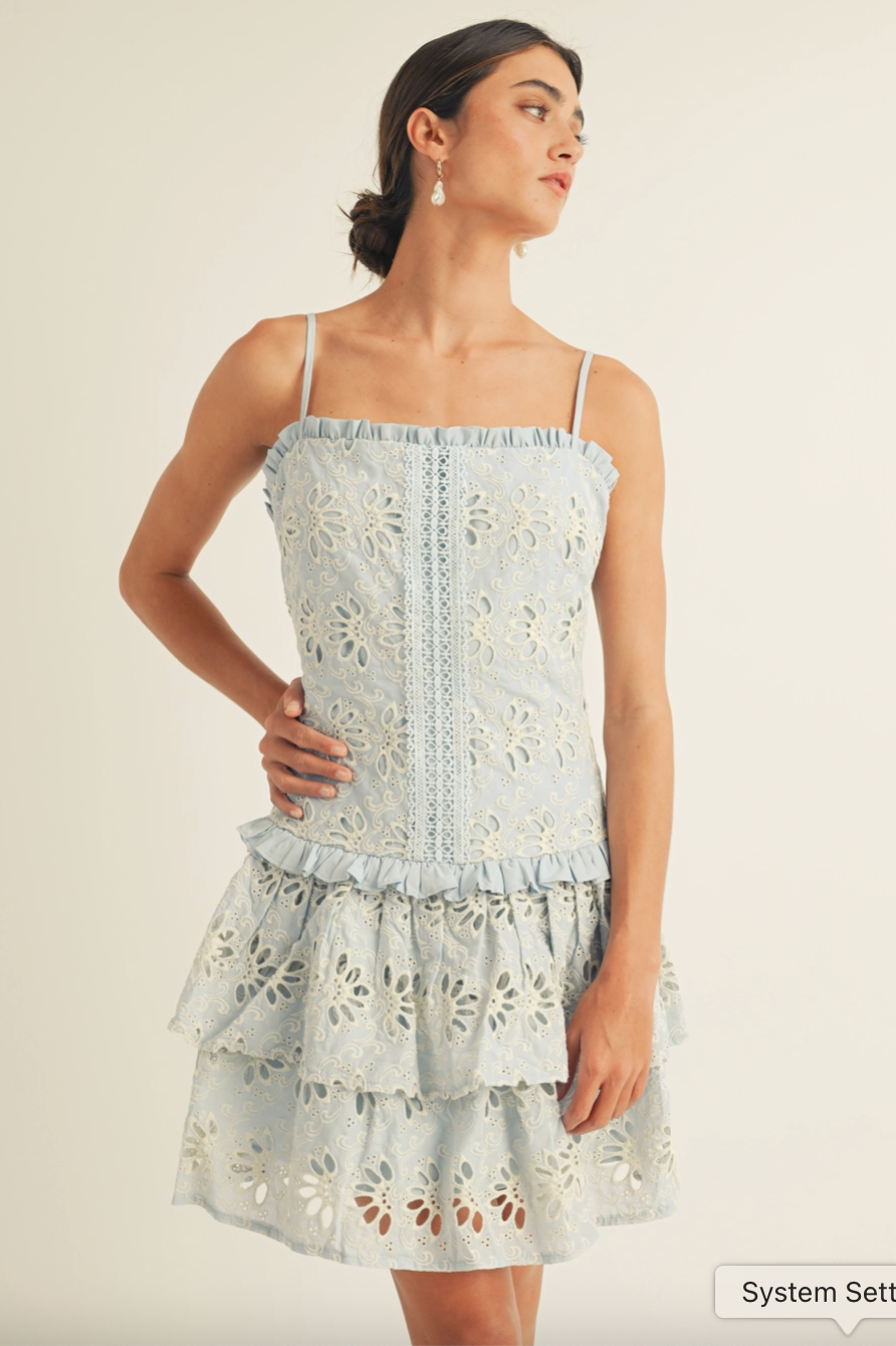 KAIYA SPAGHETTI STRAP DROP WAIST RUFFLE DETAIL PLEATED DRESS IN LIGHT BLUE