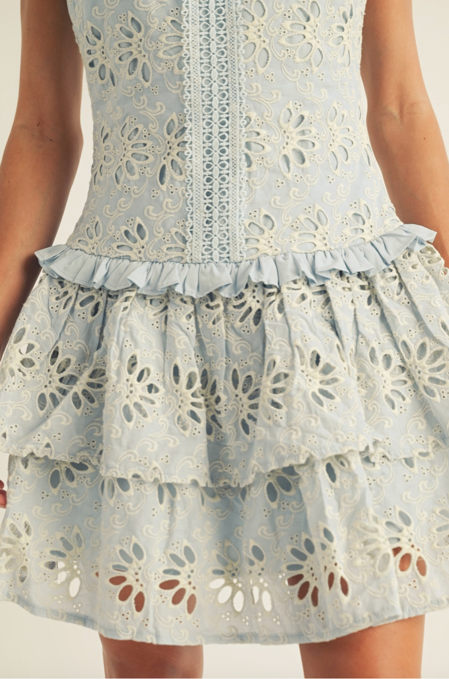 KAIYA SPAGHETTI STRAP DROP WAIST RUFFLE DETAIL PLEATED DRESS IN LIGHT BLUE