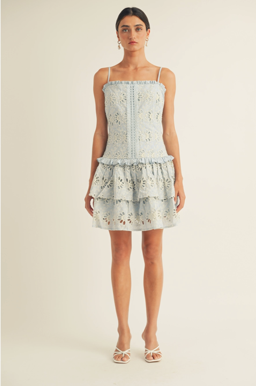 KAIYA SPAGHETTI STRAP DROP WAIST RUFFLE DETAIL PLEATED DRESS IN LIGHT BLUE