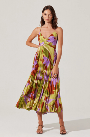 ASTR BLYTHE FLORAL PLISSE MIDI DRESS IN GREEN RUST