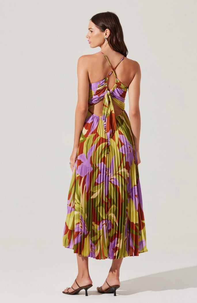 ASTR BLYTHE FLORAL PLISSE MIDI DRESS IN GREEN RUST