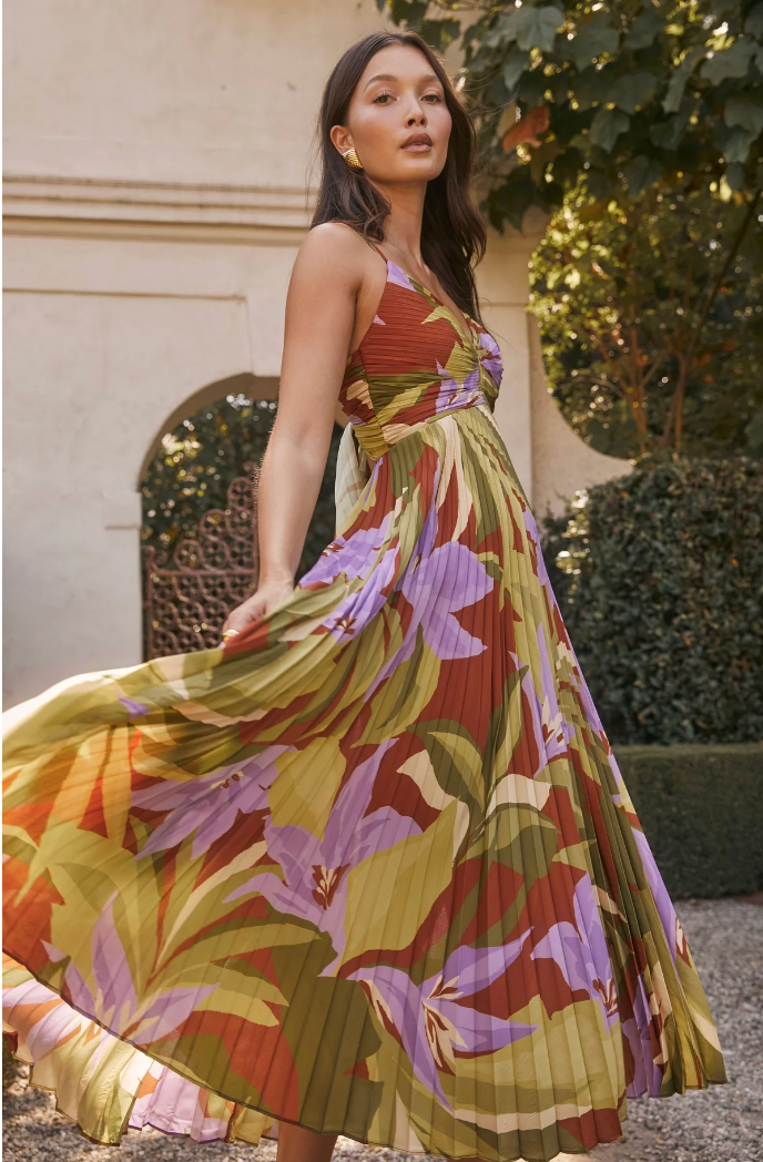 ASTR BLYTHE FLORAL PLISSE MIDI DRESS IN GREEN RUST