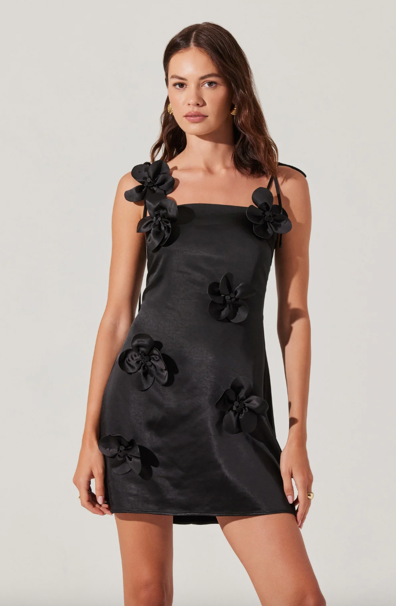 CERELIA 3D FLORAL MINI DRESS IN BLACK