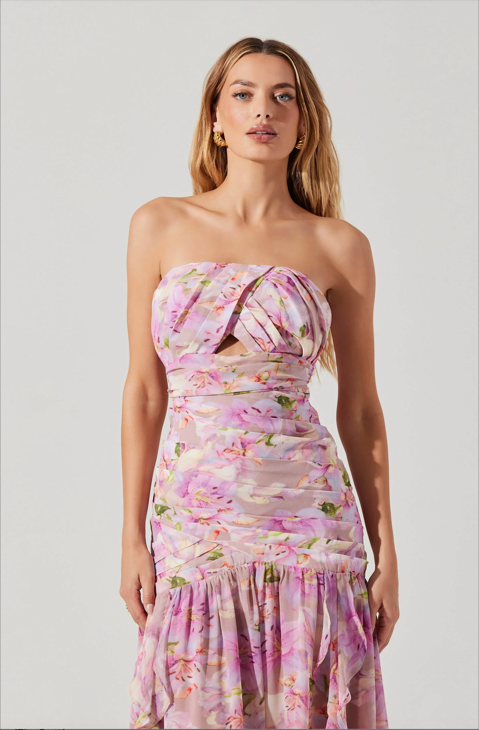 ESTEFANY STRAPLESS PLEATED MAXI DRESS IN PINK FLORAL