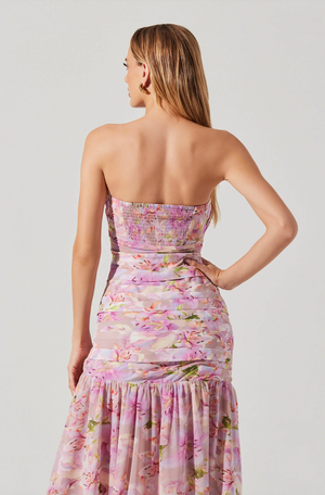ESTEFANY STRAPLESS PLEATED MAXI DRESS IN PINK FLORAL