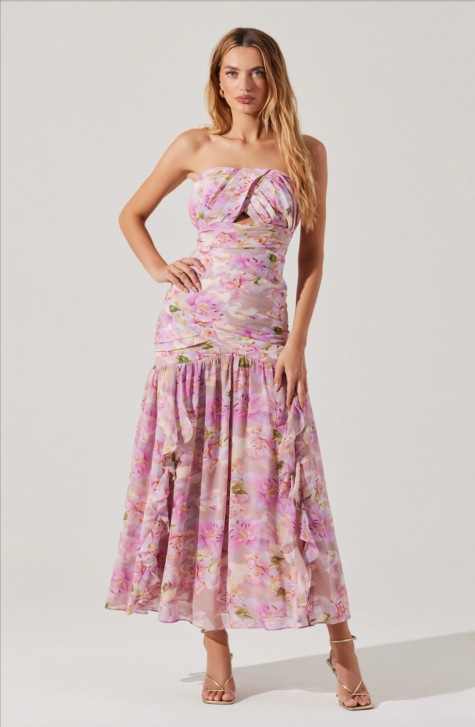 ESTEFANY STRAPLESS PLEATED MAXI DRESS IN PINK FLORAL