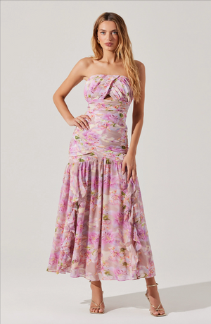 ESTEFANY STRAPLESS PLEATED MAXI DRESS IN PINK FLORAL