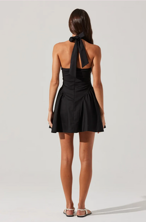 MEANA V-NECK HALTER MINI DRESS IN BLACK