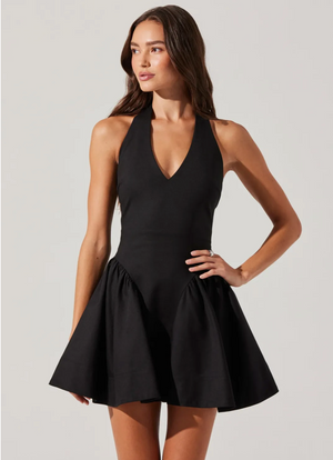 MEANA V-NECK HALTER MINI DRESS IN BLACK