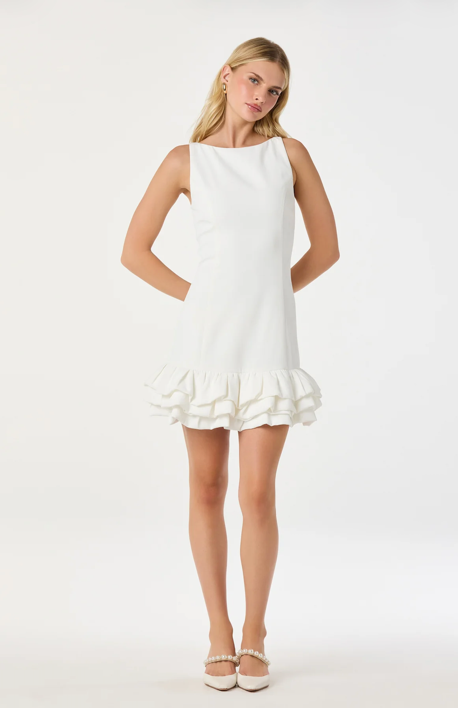 astr white mini dress ASTR the Label | Elexis Ruffle Hem Mini Dress in White