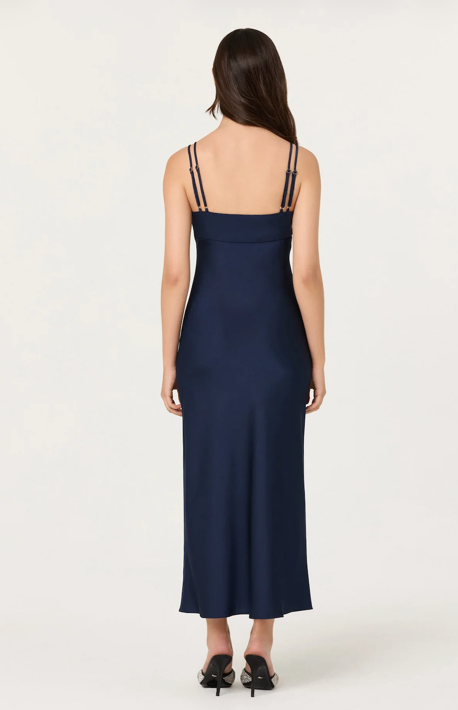 ASTR THE LABEL NEVAEH SATIN LACE MIDI DRESS IN NAVY