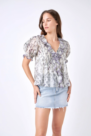 CARY ABSTRACT FLORAL PRINT RUFFLE TOP IN IVORY MULTI
