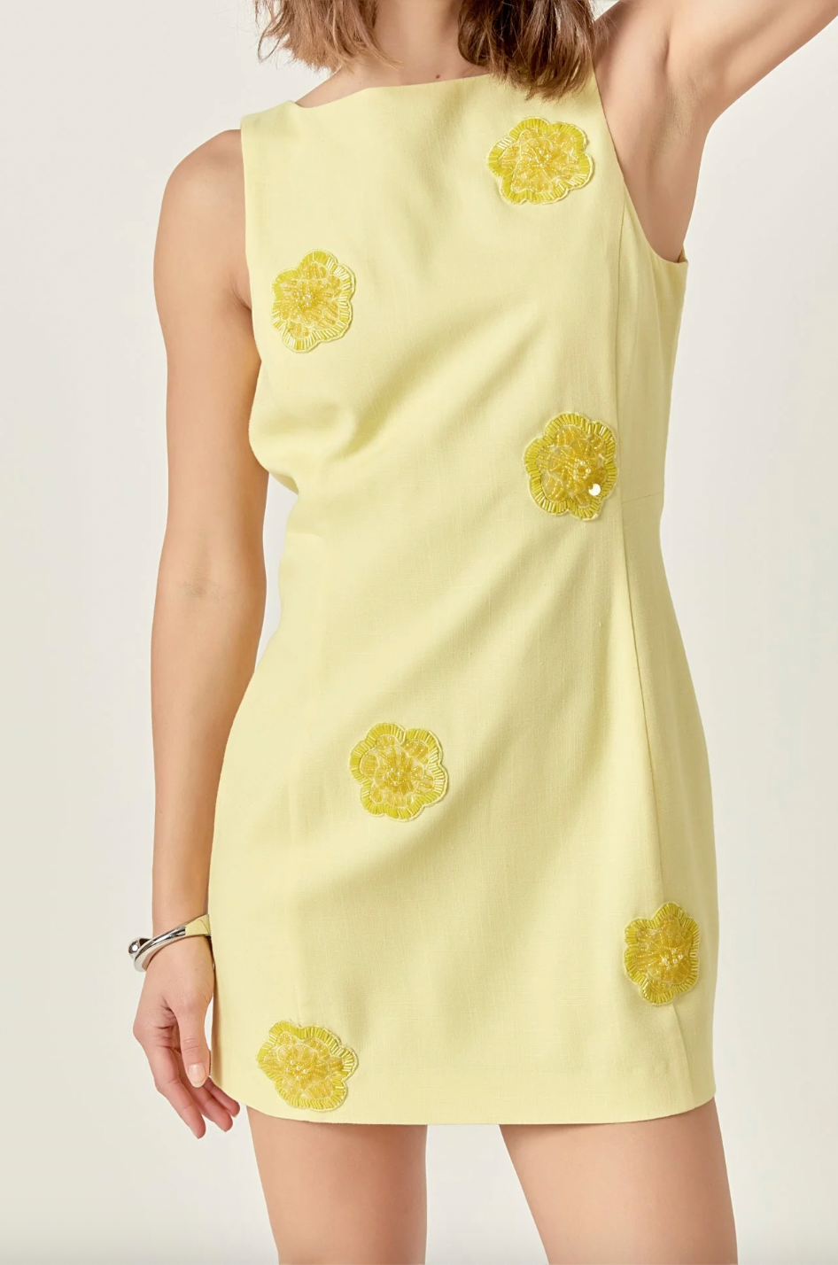 EMBELLISHED LINEN MINI DRESS IN BUTTER YELLOW