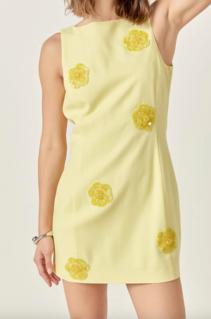 EMBELLISHED LINEN MINI DRESS IN BUTTER YELLOW