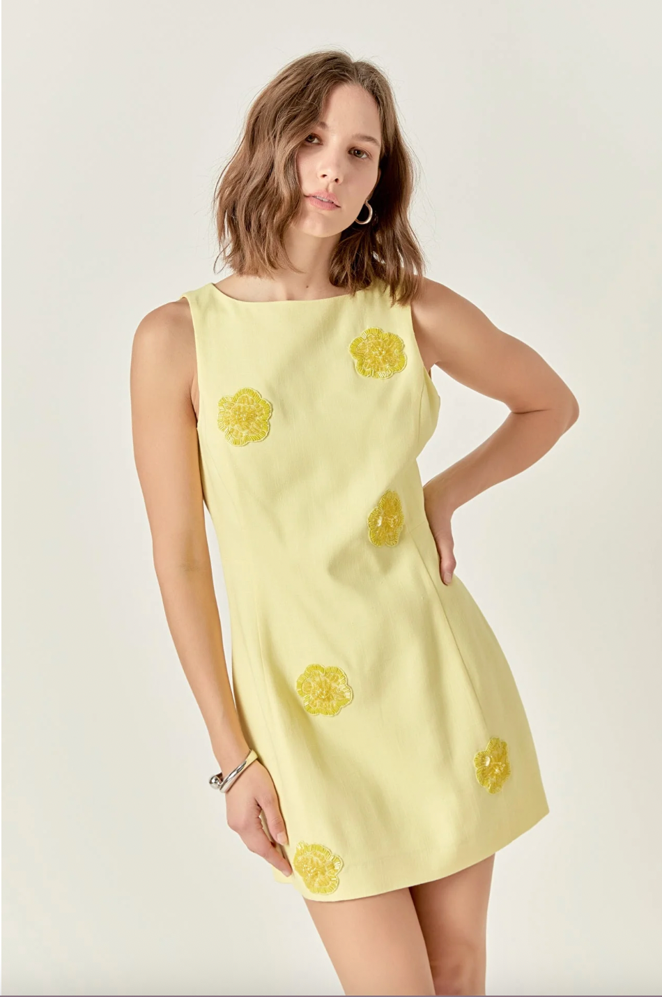 EMBELLISHED LINEN MINI DRESS IN BUTTER YELLOW