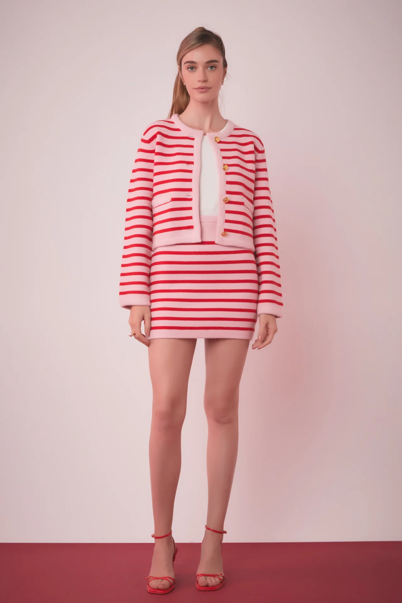 EMMA KNIT STRIPED MINI SKIRT IN PINK AND RED