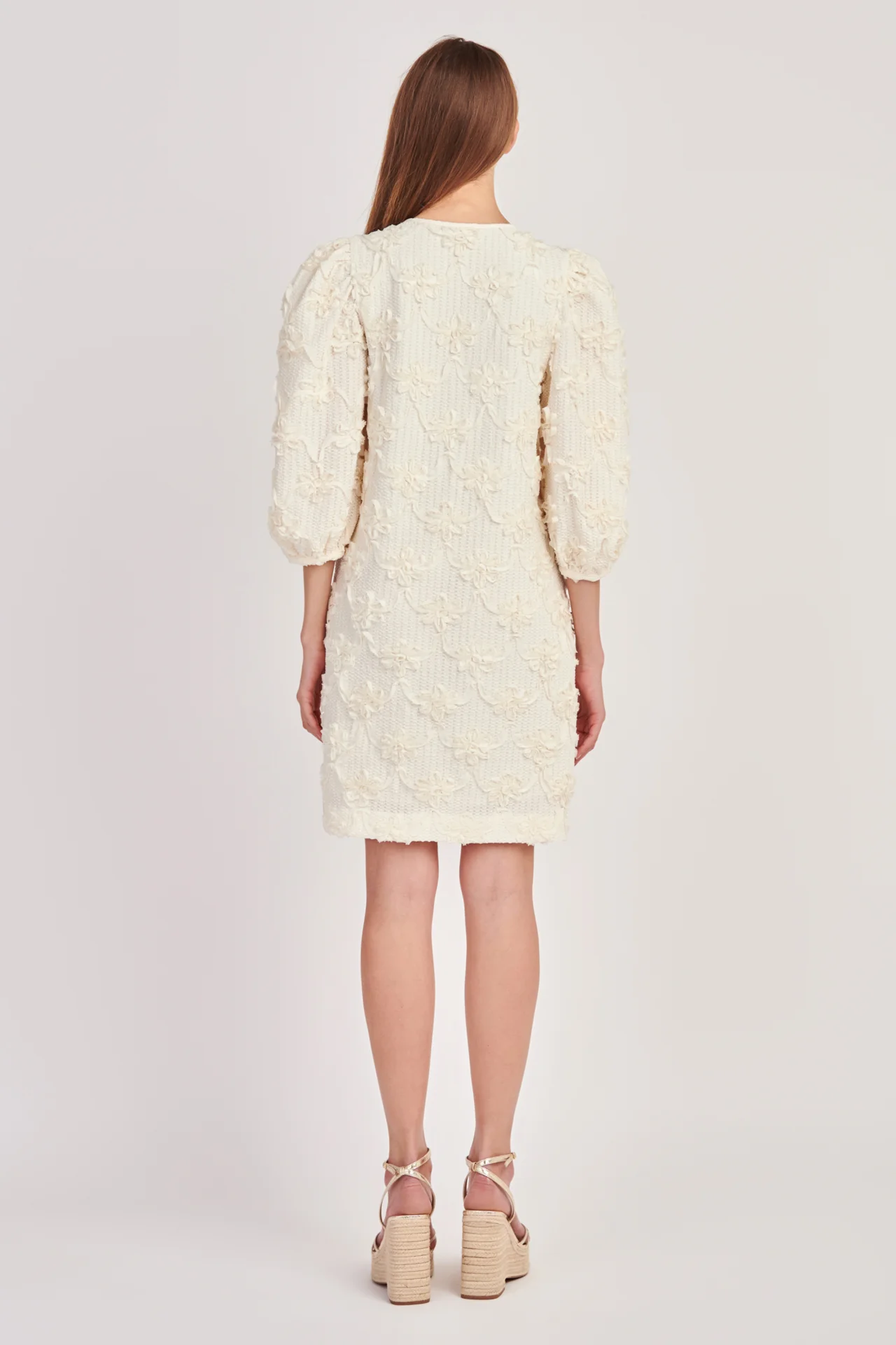 JAMIE RIBBON EMBROIDERED SHIFT MINI DRESS IN IVORY
