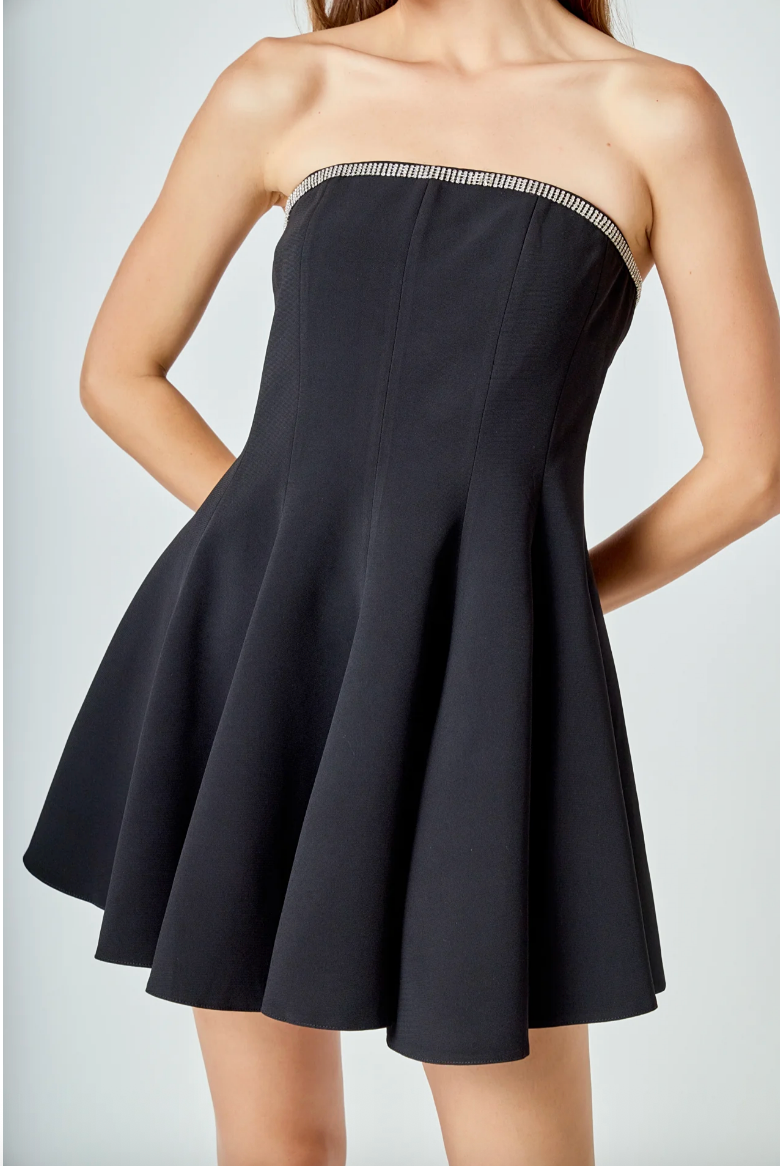 JEWEL TRIM FLOUNCED MINI DRESS IN BLACK